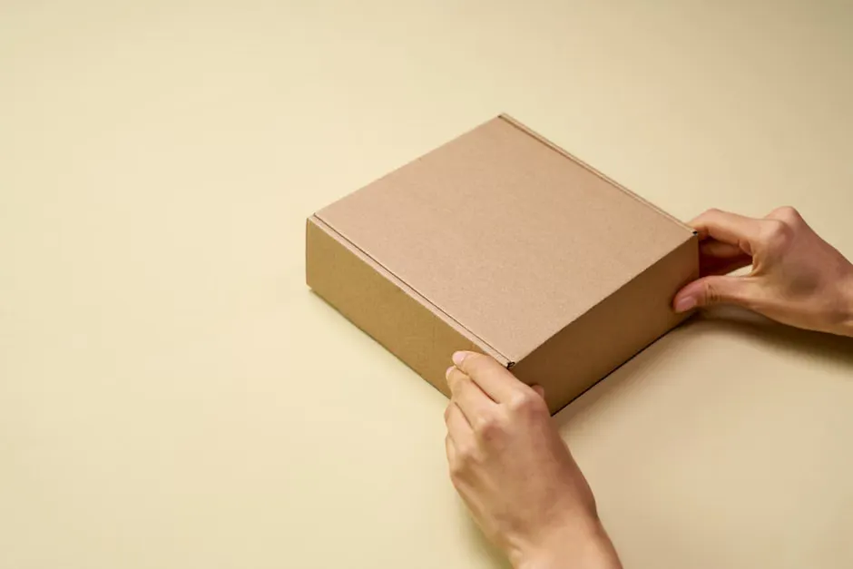 Plain brown shipping box with a blank white address label, sealed with clear tape